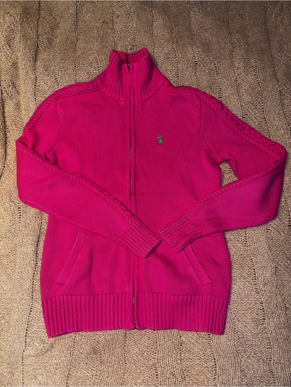 Ralph Lauren Sport Hot Pink Cable Knit Zip Cardigan Cable Sweater XS Green Pony